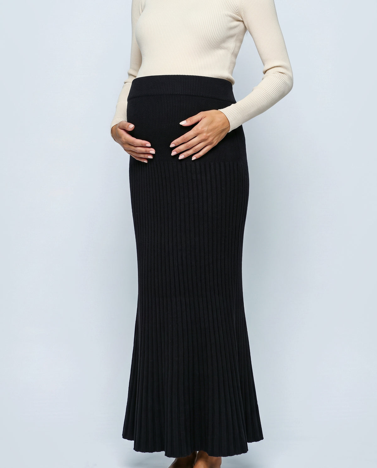 Ines Pleated Maternity Knit Skirt in Black, fabric detail