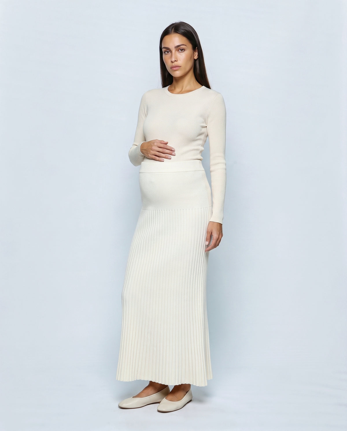 Ines Pleated Maternity Knit Skirt in Off-white, front view