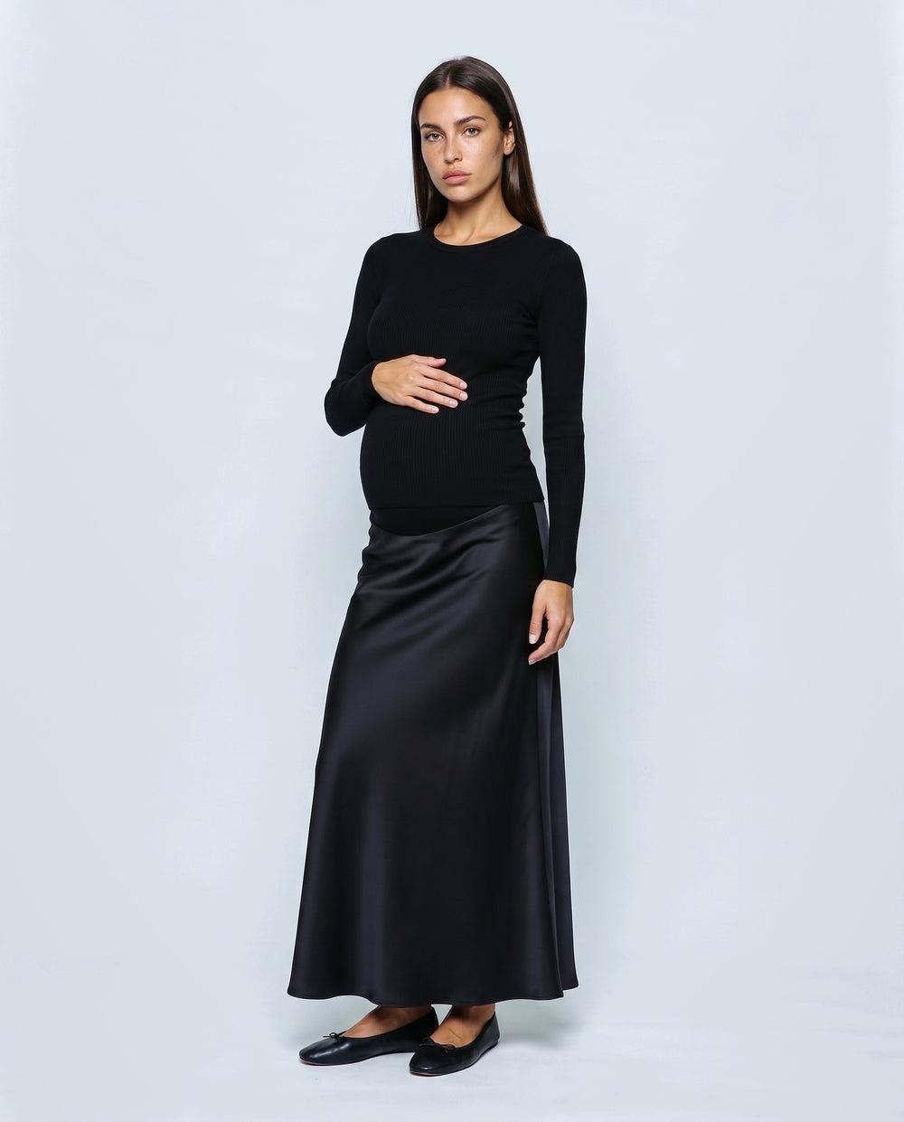 Celeste Satin-Finish Maternity Skirt in Black, front view