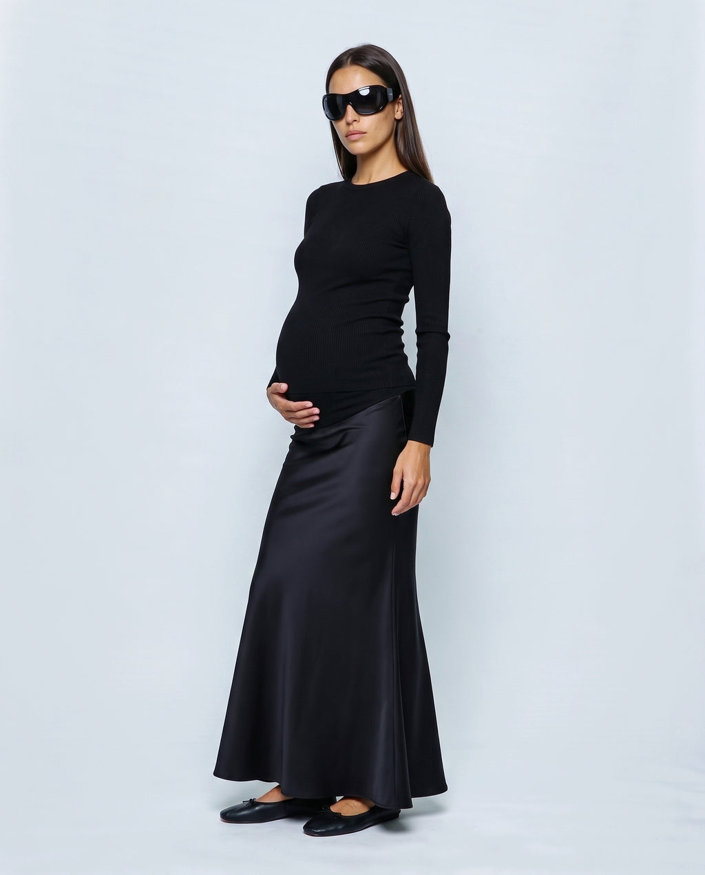 Celeste Satin-Finish Maternity Skirt in Black, side view