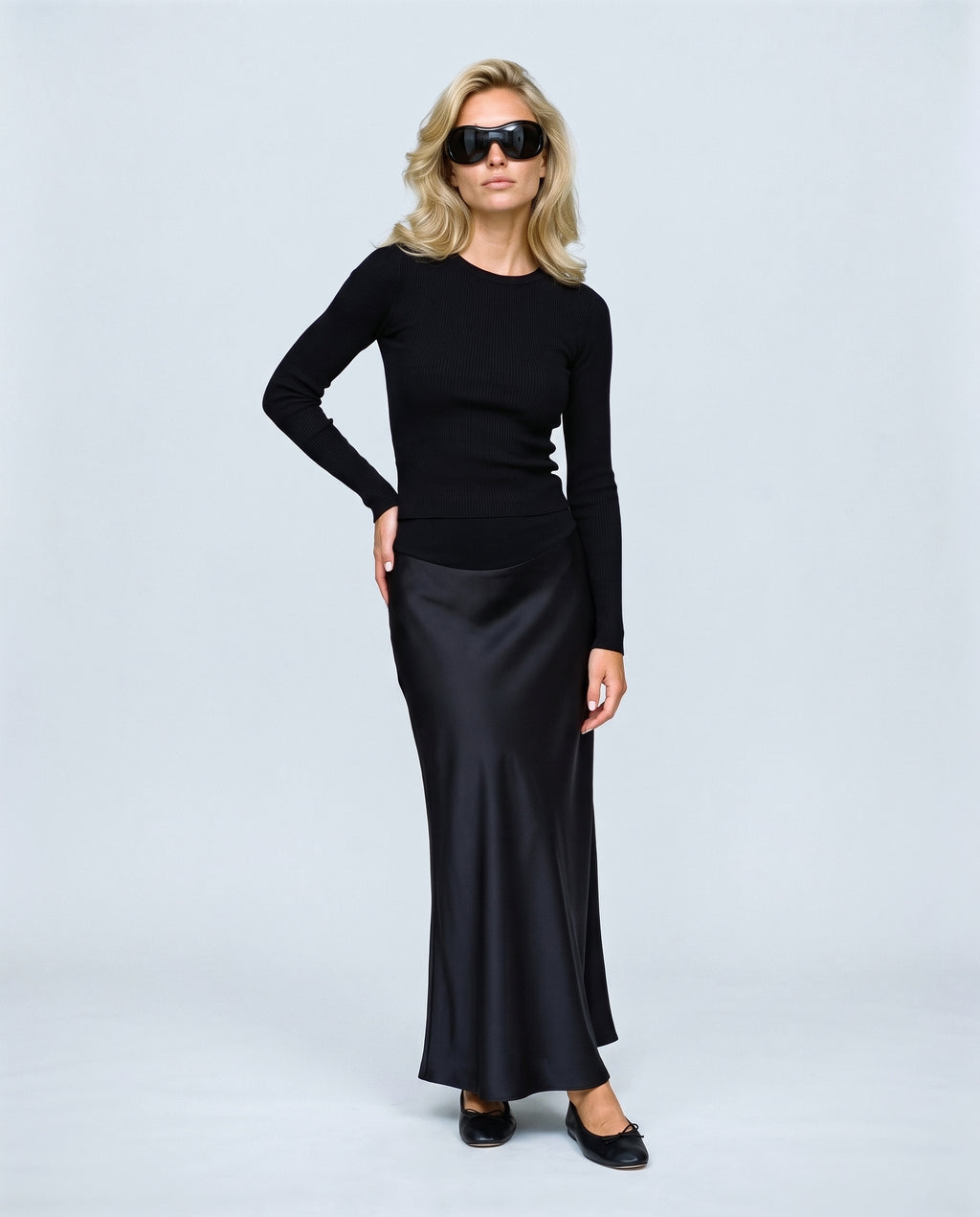 Celeste Satin-Finish Maternity Skirt in Black, front view on a non-pregnant model