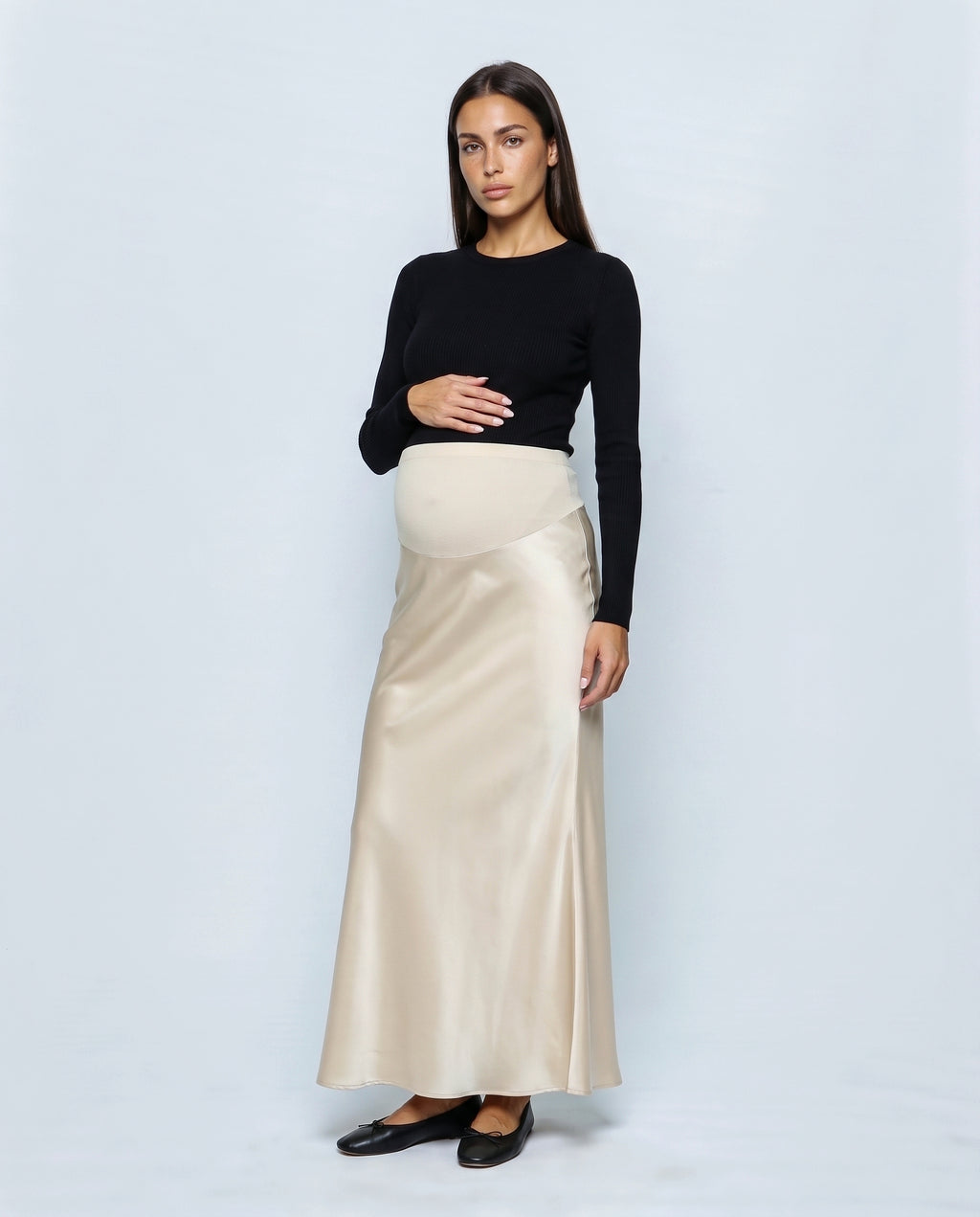 Celeste Satin-Finish Maternity Skirt in Champagne, front view