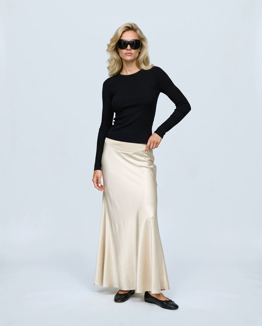 Celeste Satin-Finish Maternity Skirt in Champagne, front view on a non-pregnant model
