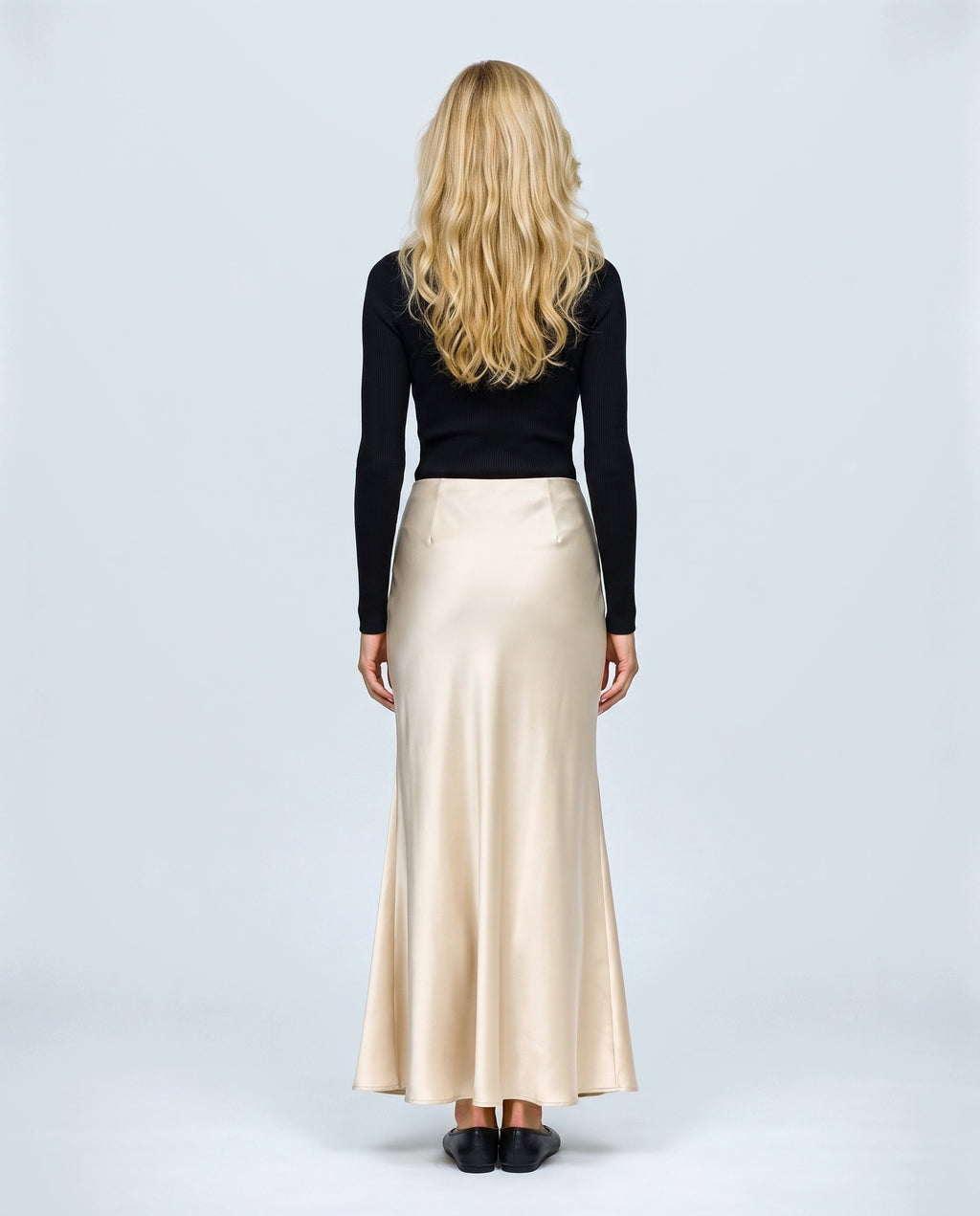 Celeste Satin-Finish Maternity Skirt in Champagne, back view on a non-pregnant model