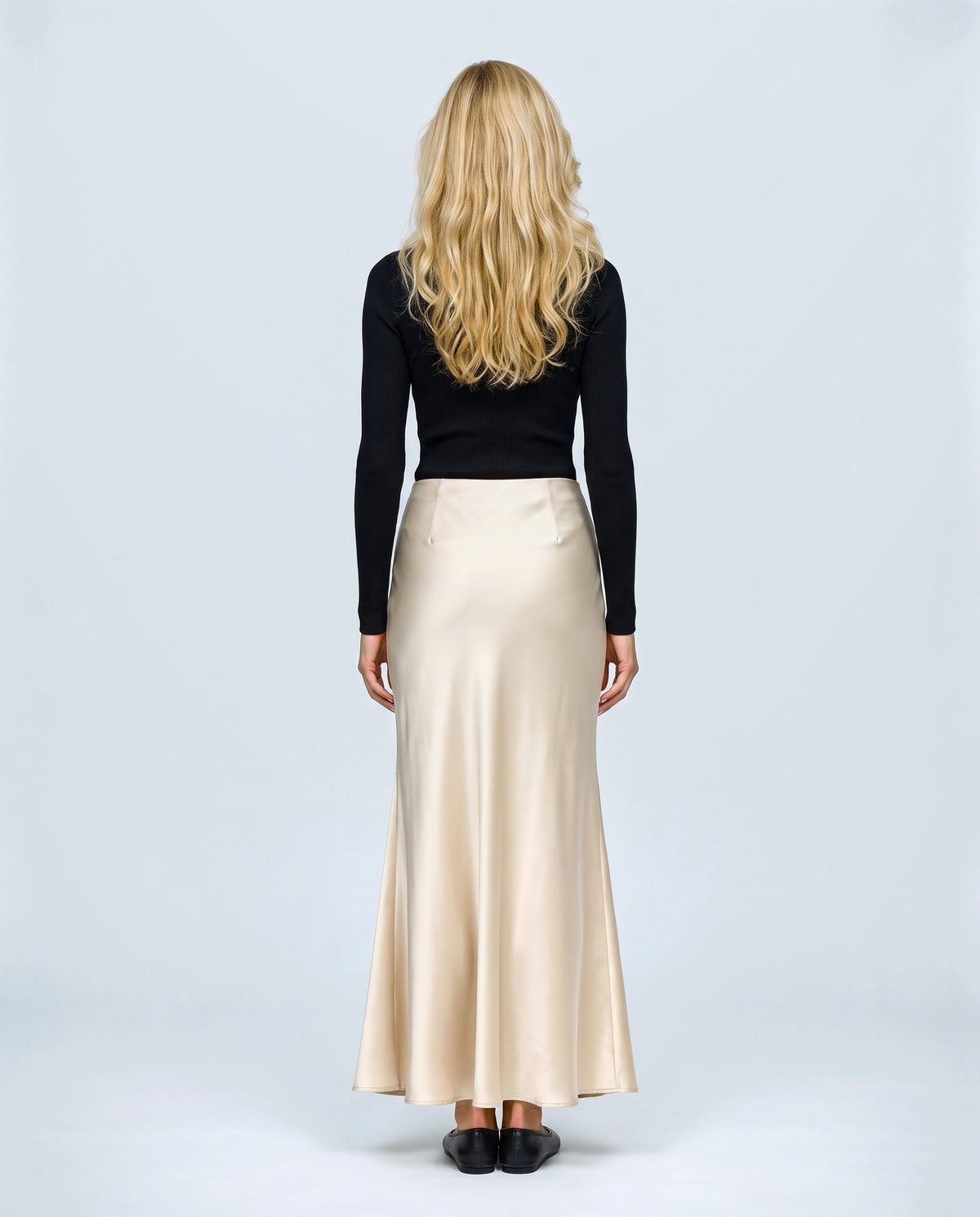 Celeste Satin-Finish Maternity Skirt in Champagne, back view on a non-pregnant model