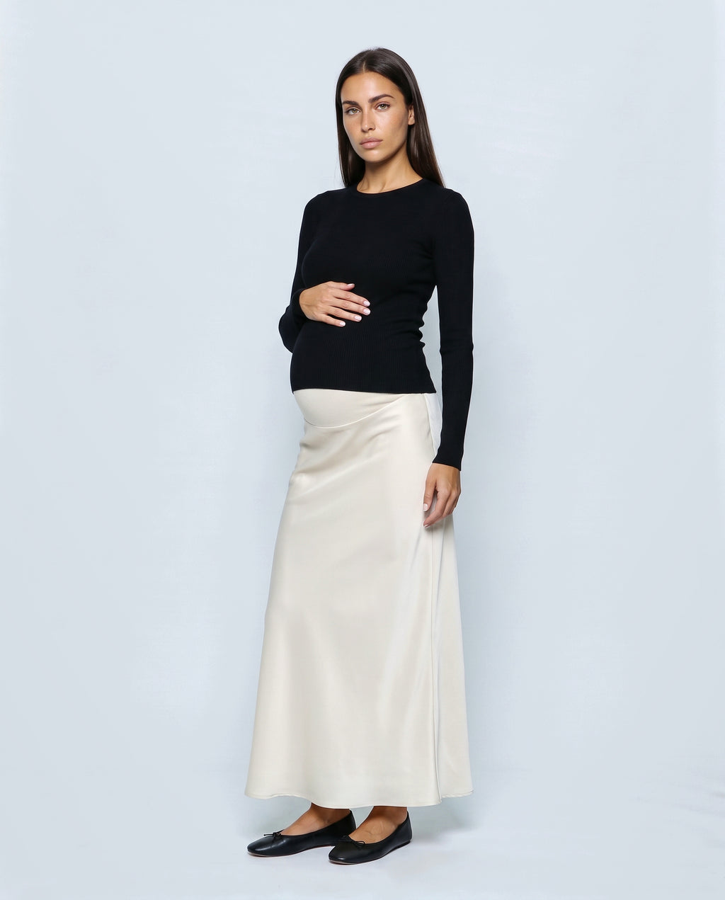 Celeste Satin-Finish Maternity Skirt in Off-white, front view