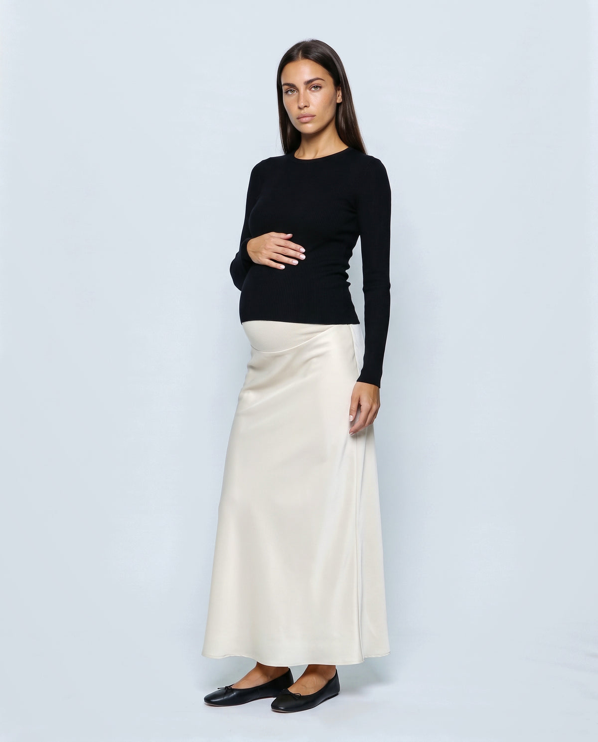 Celeste Satin-Finish Maternity Skirt in Off-white, front view