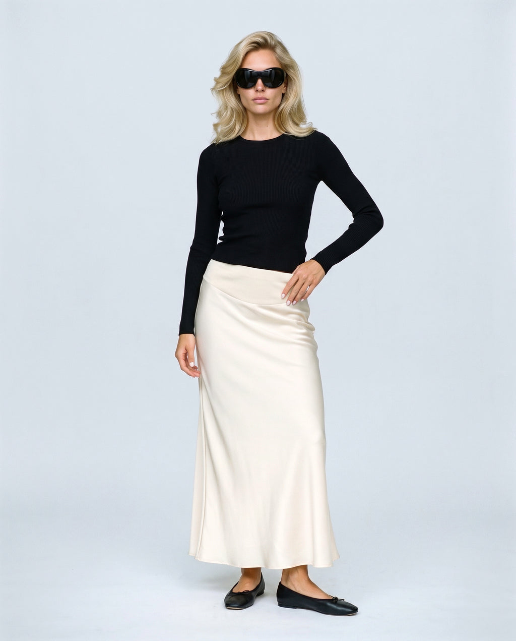 Celeste Satin-Finish Maternity Skirt in Off-white, front view on a non-pregnant model