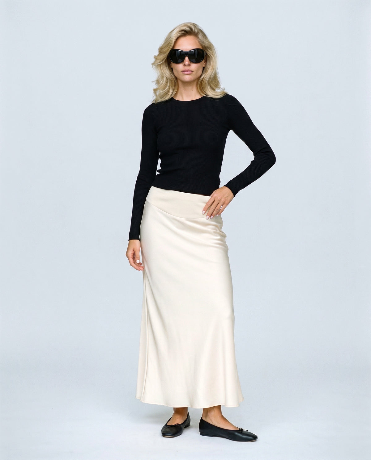 Celeste Satin-Finish Maternity Skirt in Off-white, front view on a non-pregnant model
