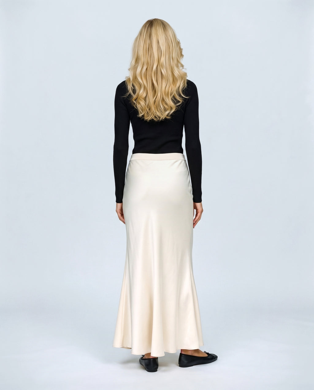 Celeste Satin-Finish Maternity Skirt in Off-white, back view on a non-pregnant model