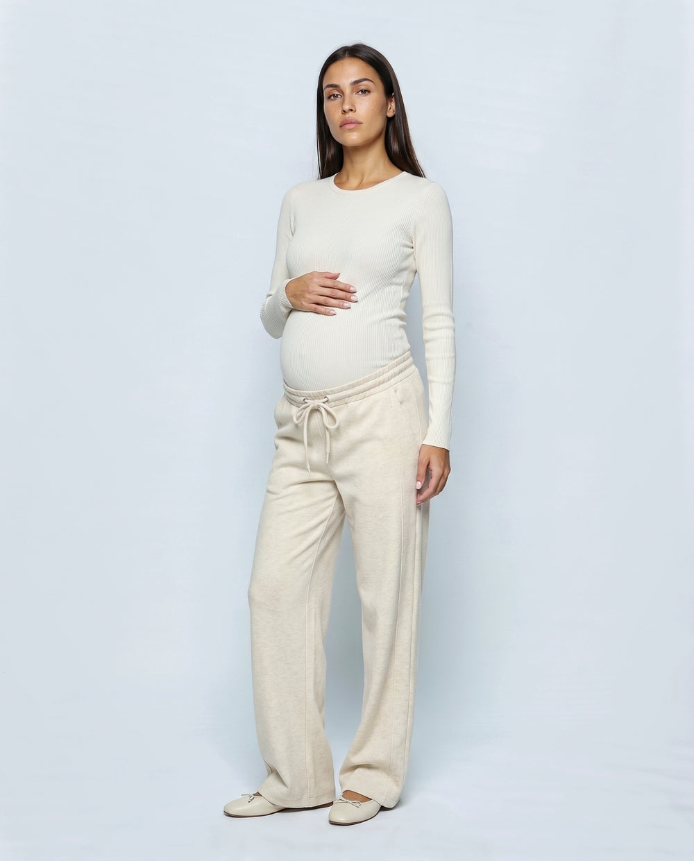 Lena Wide-Leg Maternity Trousers in Almond, front view