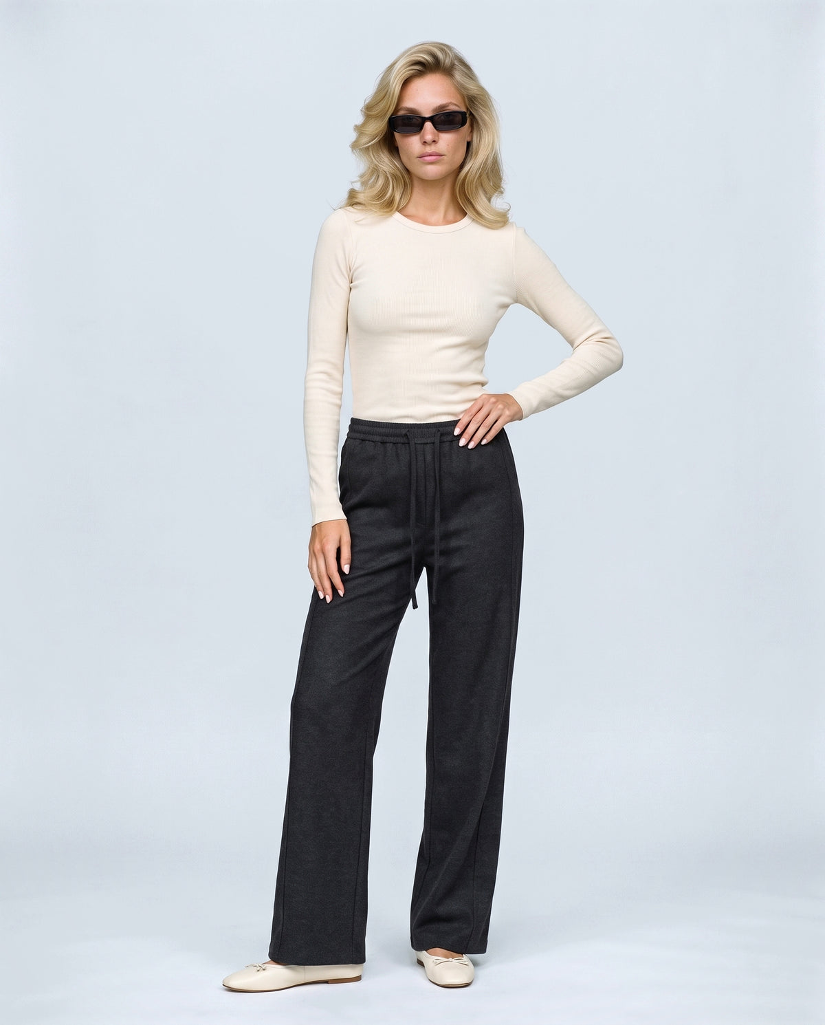 Lena Wide-Leg Maternity Trousers in Charcoal, front view on a non-pregnant model