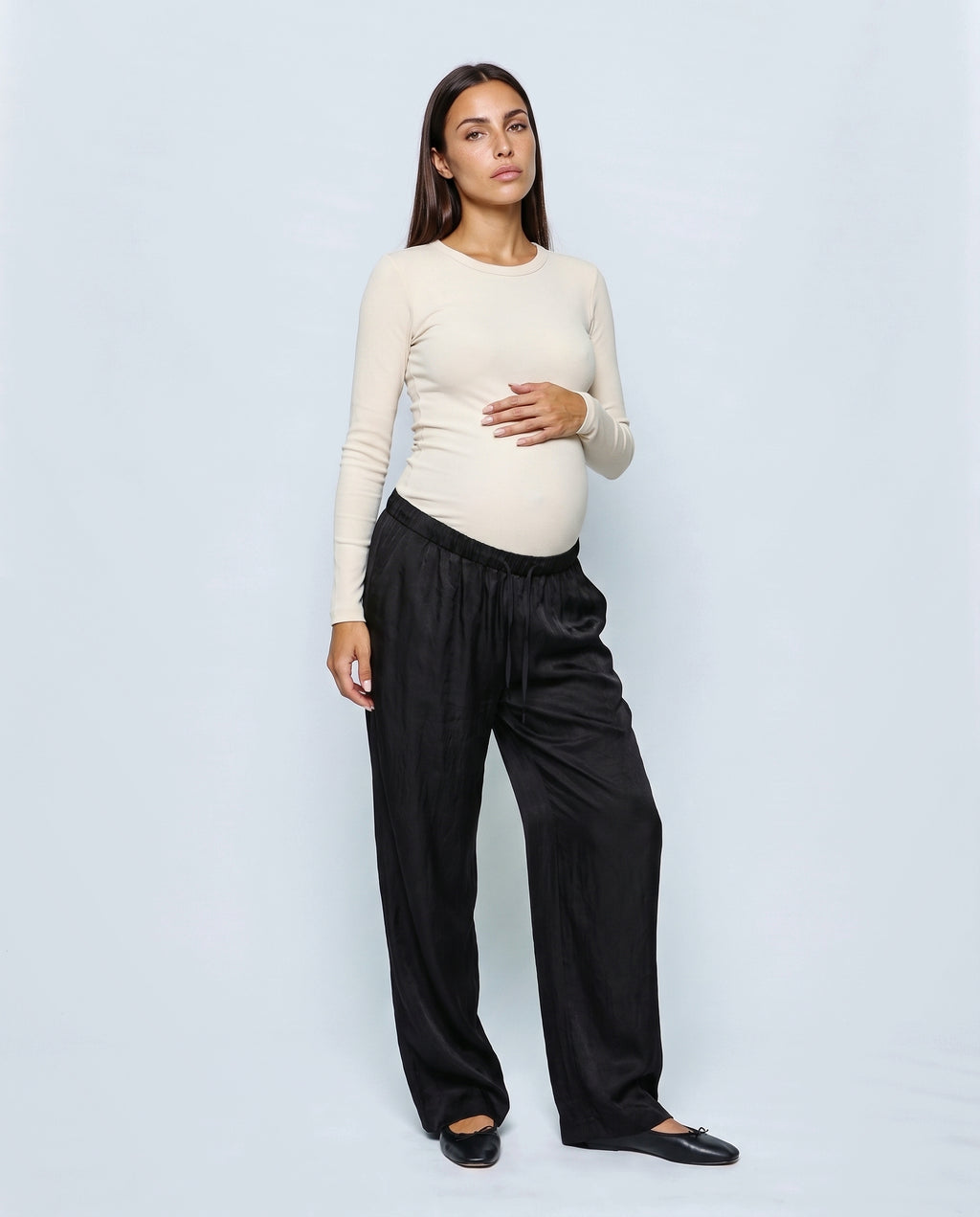 The Draped Maternity Trousers in Black, front view