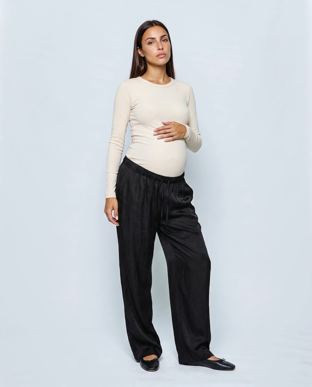 The Draped Maternity Trousers in Black, front view