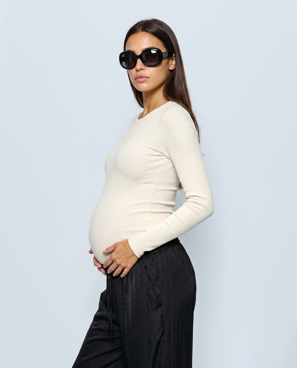 The Draped Maternity Trousers in Black, side view
