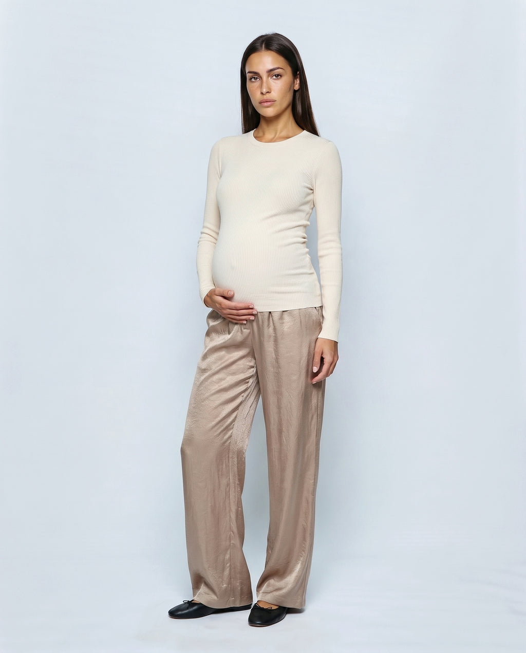 The Draped Maternity Trousers in Champagne taupe, front view