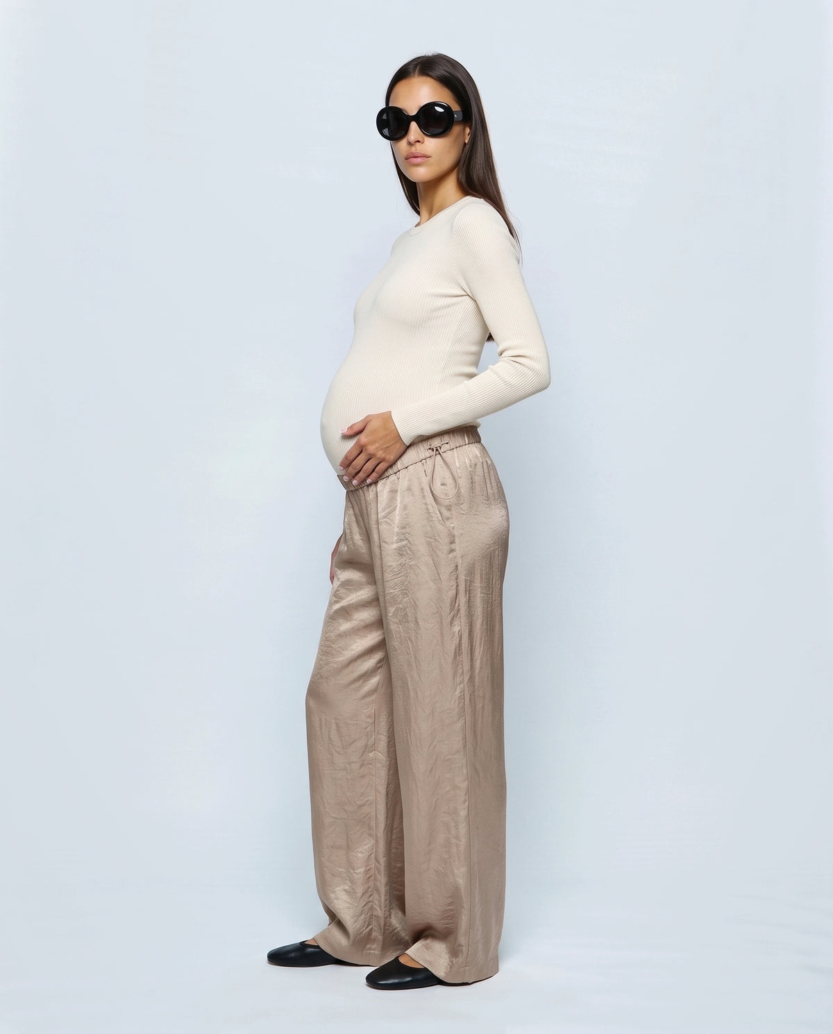 The Draped Maternity Trousers in Champagne taupe, side view