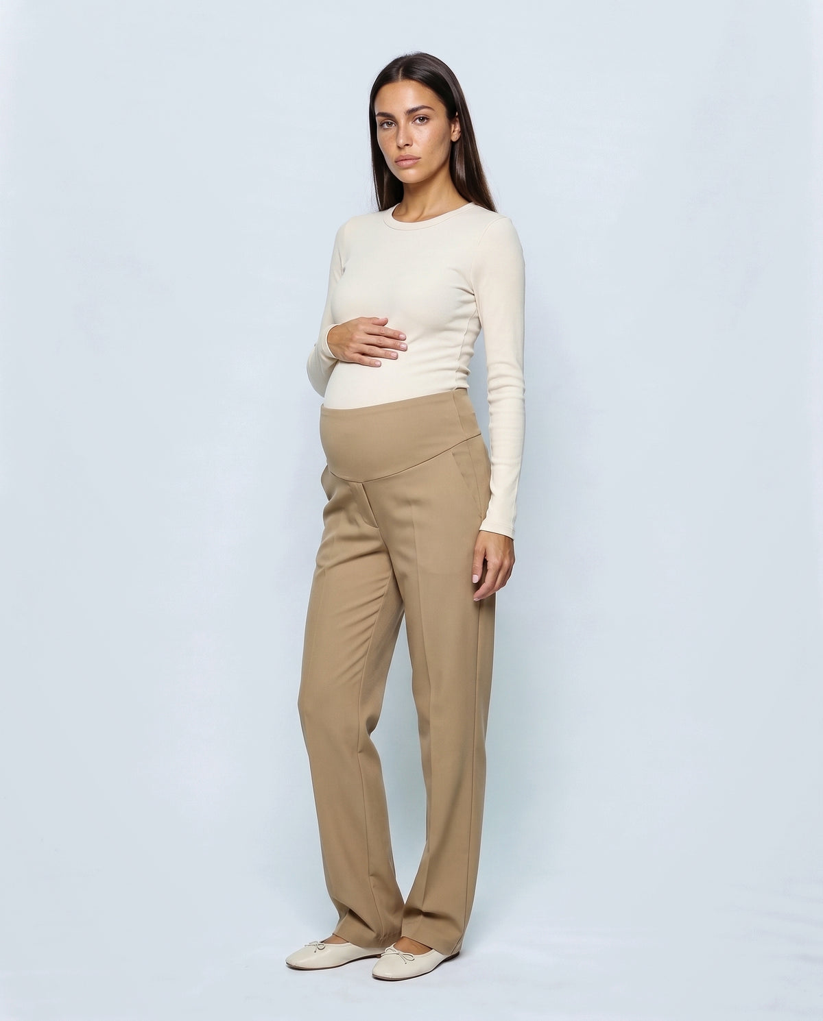 Daphne Tailored Maternity Trousers in Curry beige, front view