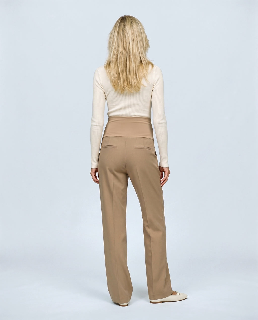 Daphne Tailored Maternity Trousers in Curry beige, back view on a non-pregnant model