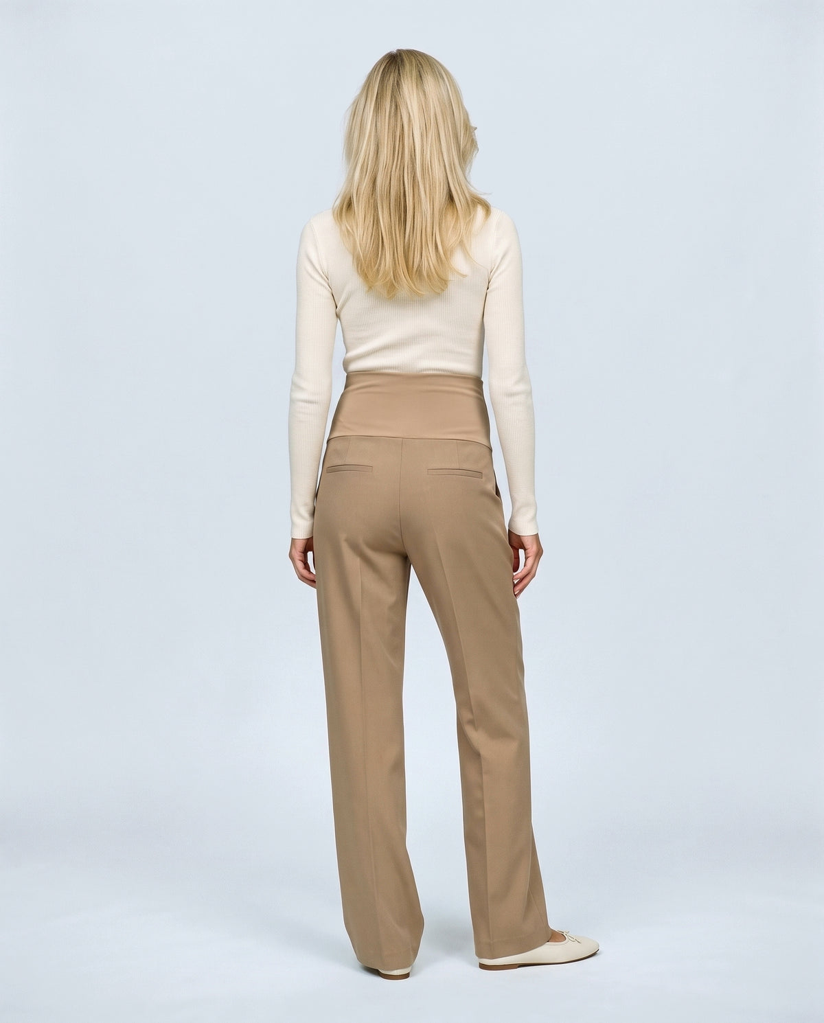 Daphne Tailored Maternity Trousers in Curry beige, back view on a non-pregnant model