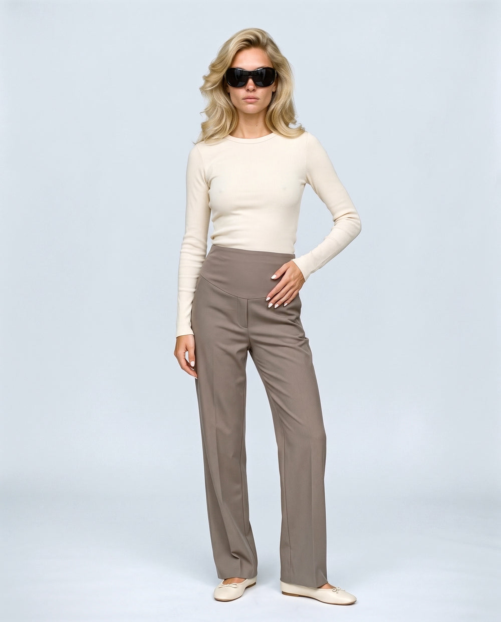 Daphne Tailored Maternity Trousers in Grey taupe, front view on a non-pregnant model