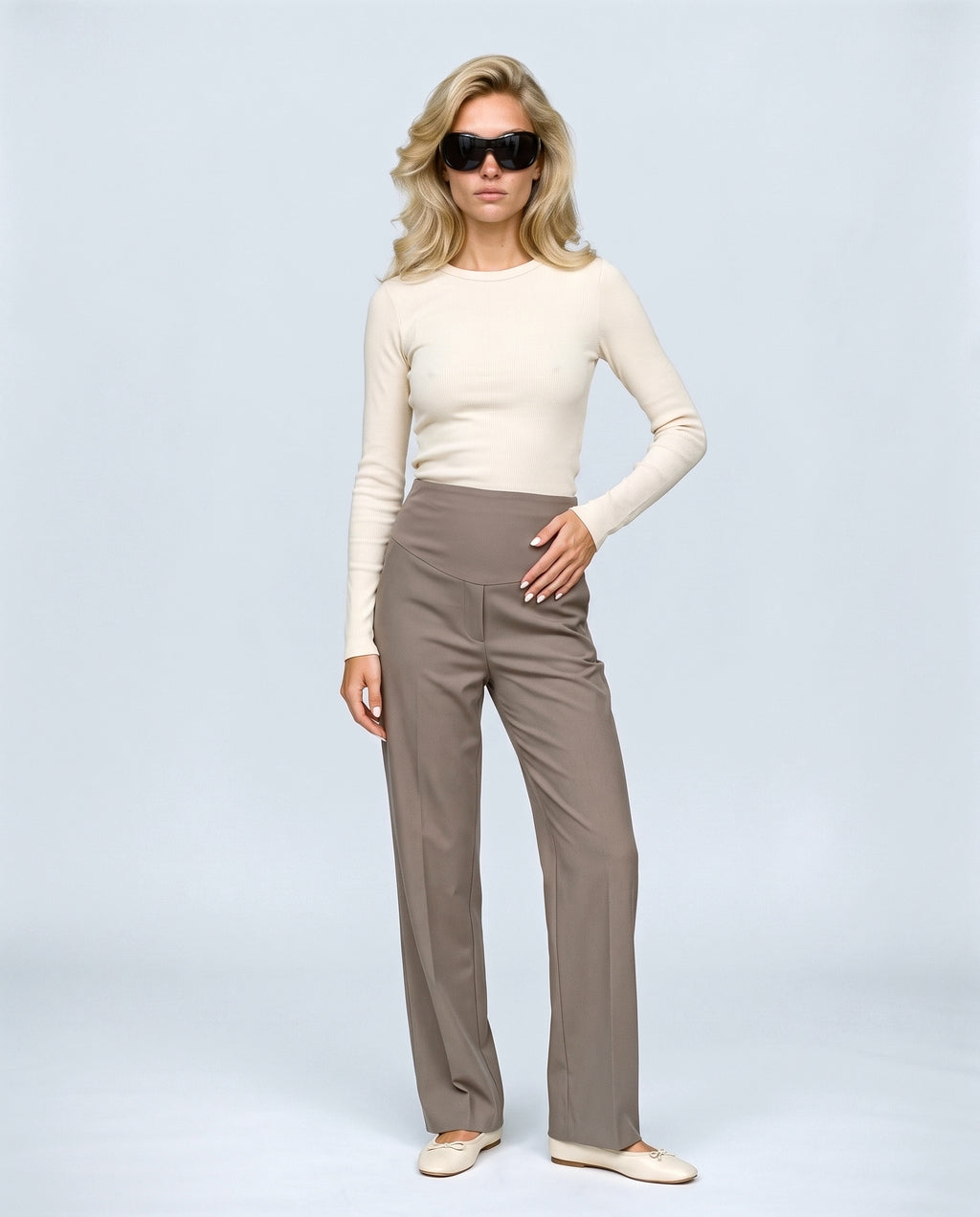 Daphne Tailored Maternity Trousers in Grey taupe, front view on a non-pregnant model
