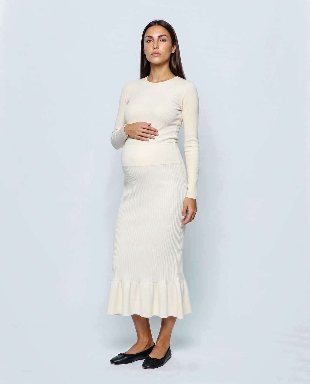 The Maternity Fluted Knit Skirt in Off-white, front view