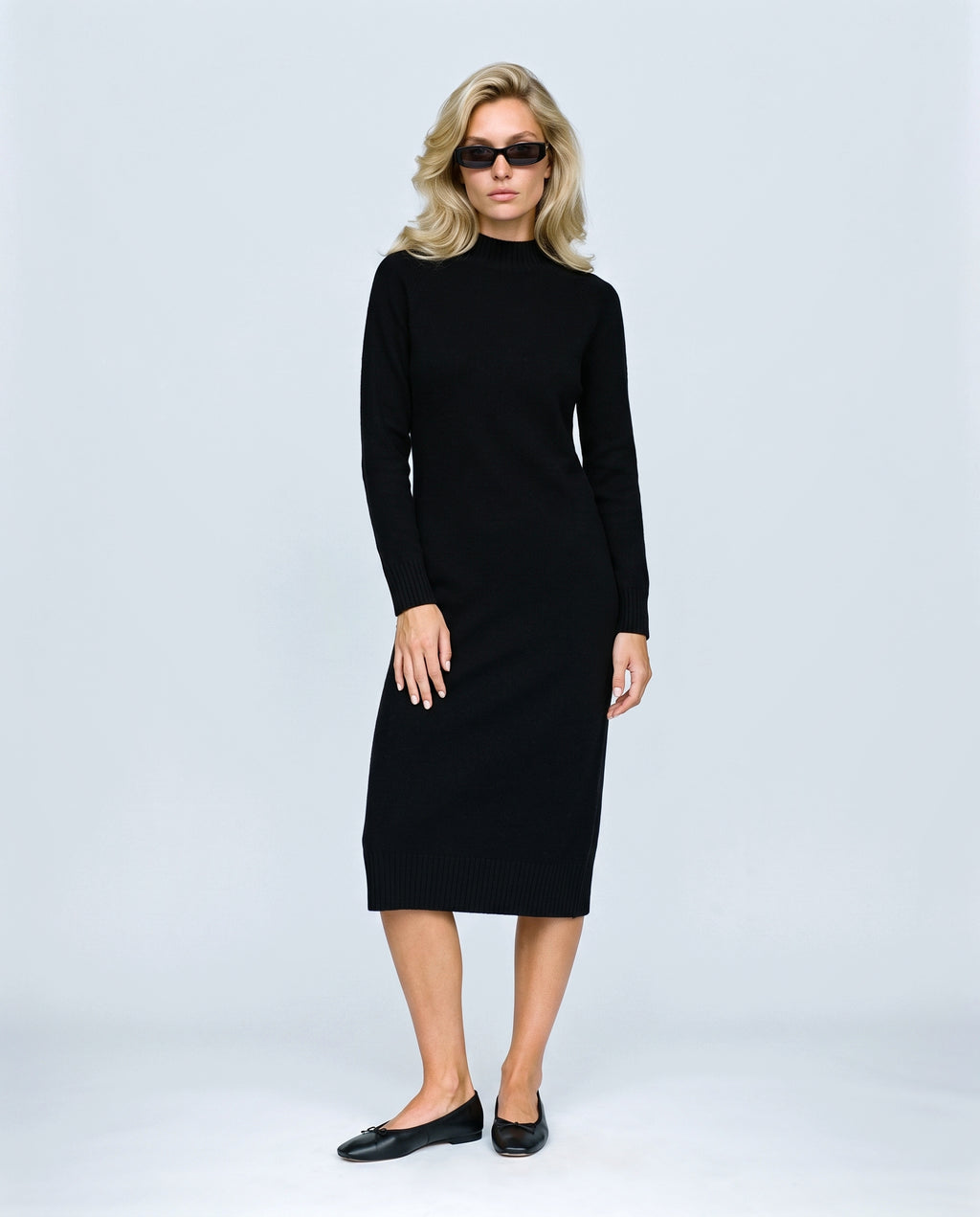 Alice Mock-Neck Knit Dress in Black, front view on a non-pregnant model