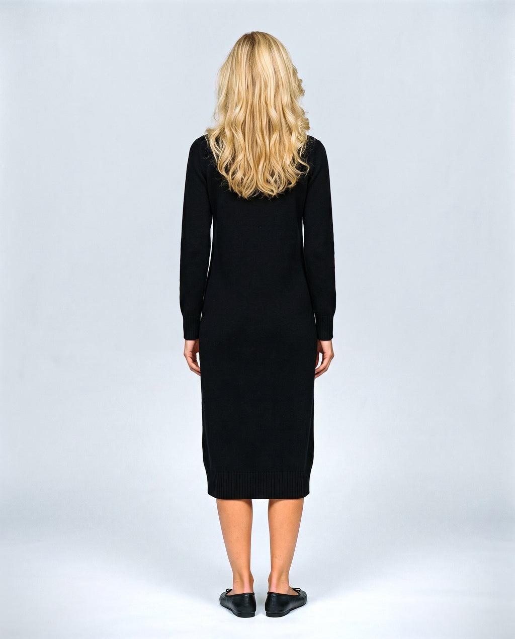 Alice Mock-Neck Knit Dress in Black, back view on a non-pregnant model