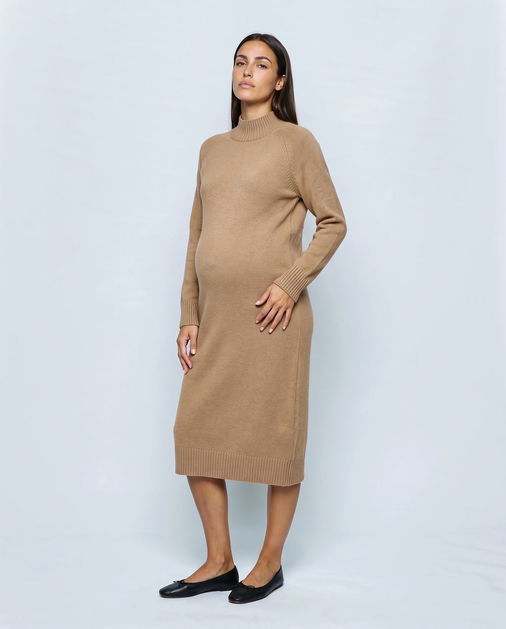 Alice Mock-Neck Knit Dress in Camel, front view