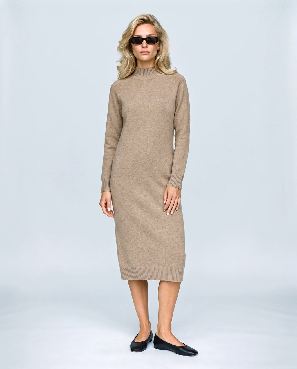 Alice Mock-Neck Knit Dress in Camel, front view on a non-pregnant model