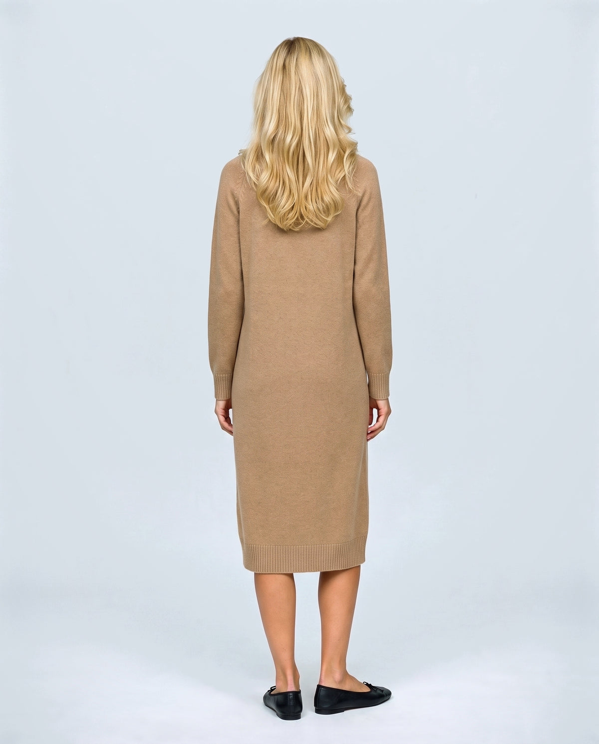 Alice Mock-Neck Knit Dress in Camel, back view on a non-pregnant model