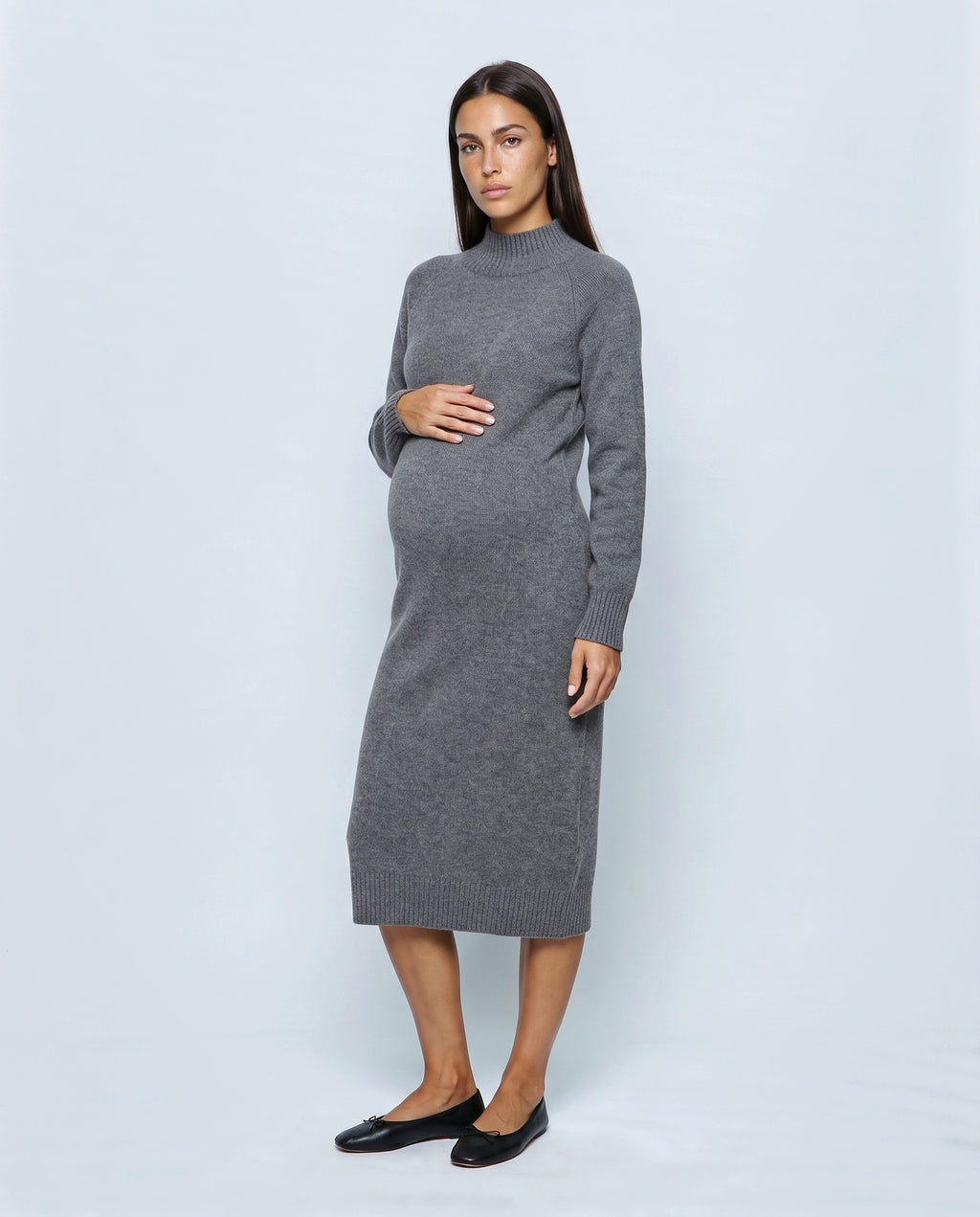 Alice Mock-Neck Knit Dress in Grey, front view