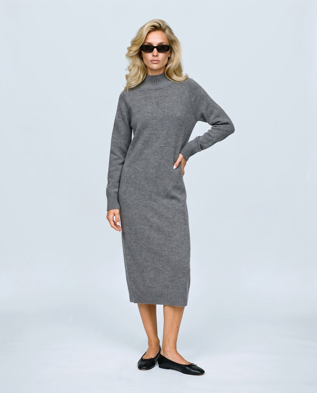 Alice Mock-Neck Knit Dress in Grey, front view on a non-pregnant model