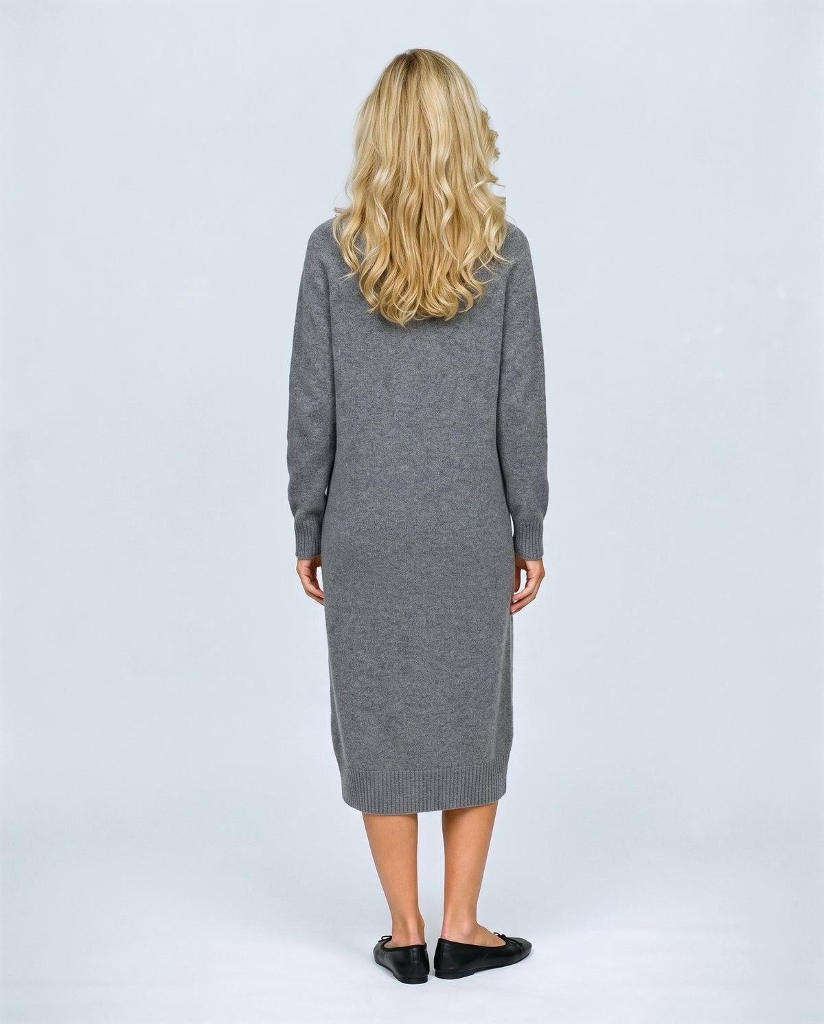 Alice Mock-Neck Knit Dress in Grey, back view on a non-pregnant model