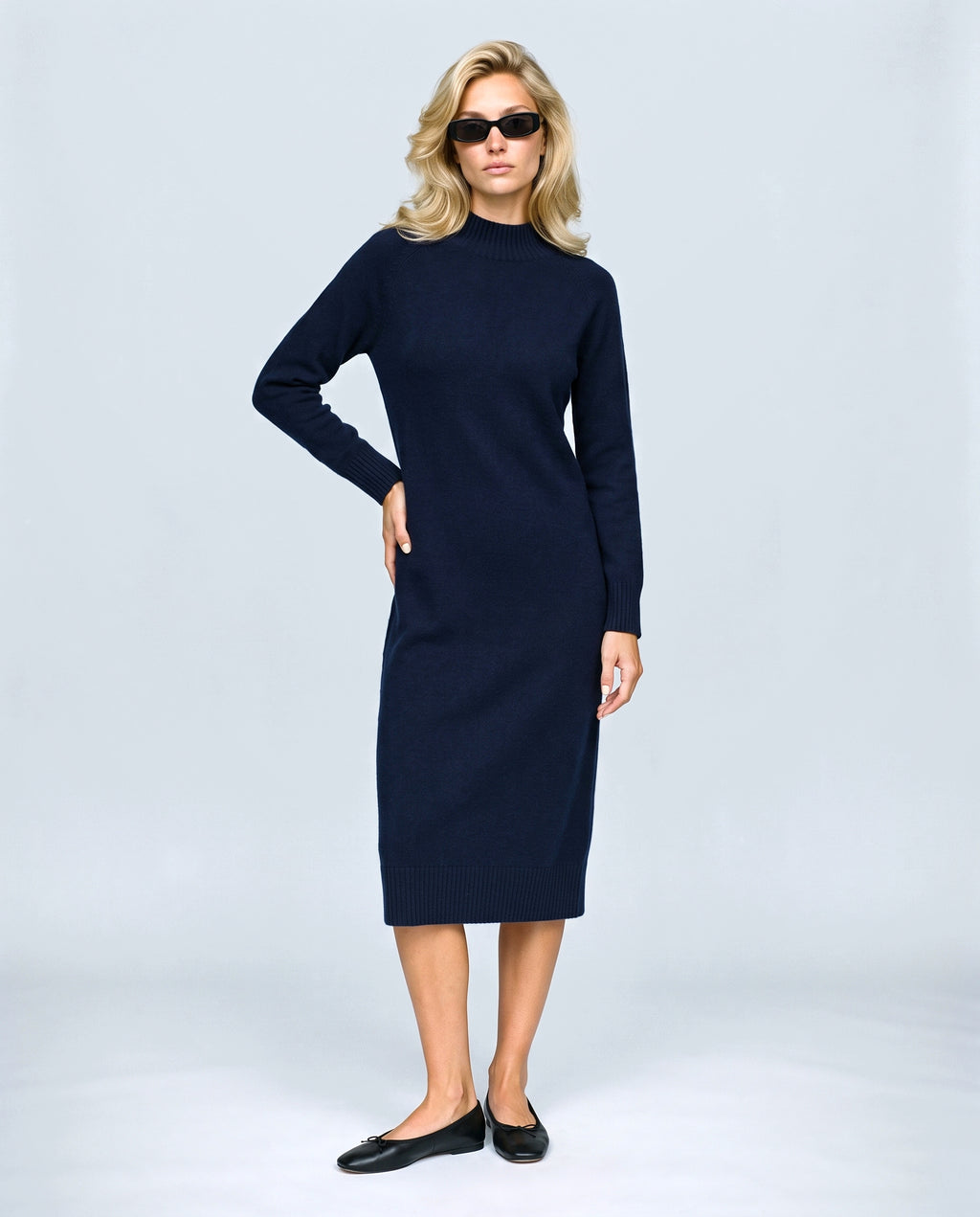 Alice Mock-Neck Knit Dress in Navy, front view on a non-pregnant model