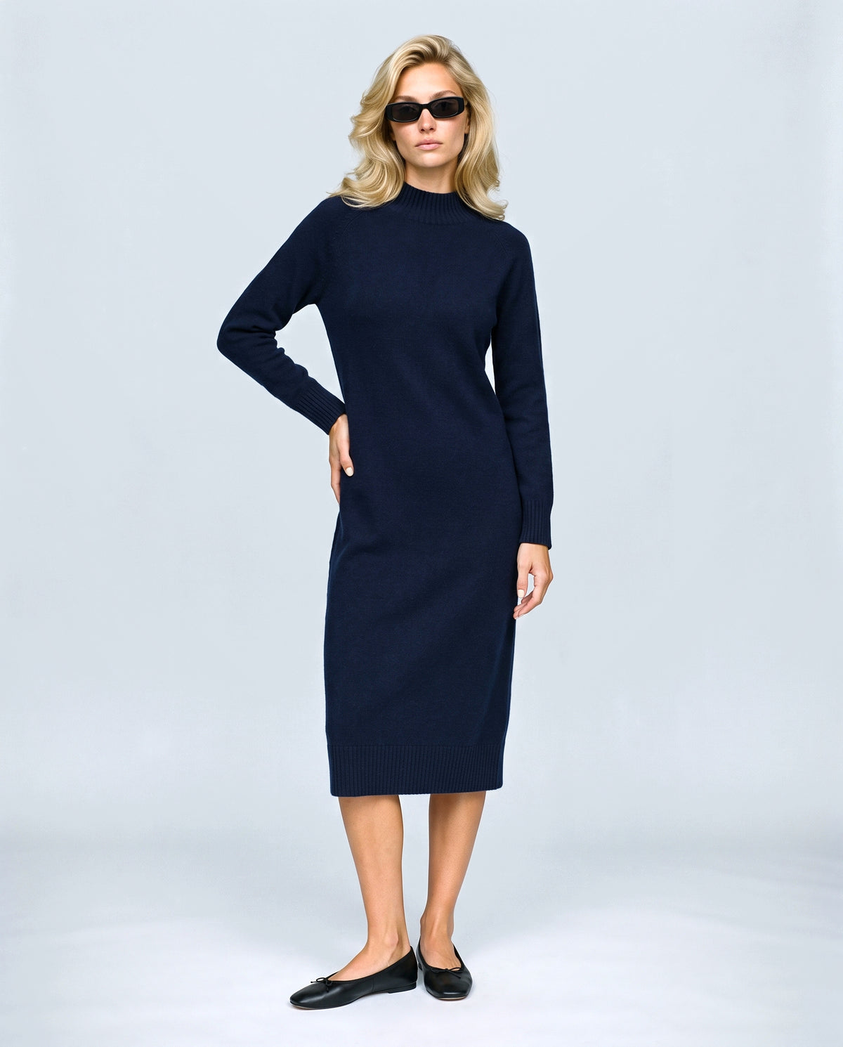 Alice Mock-Neck Knit Dress in Navy, front view on a non-pregnant model