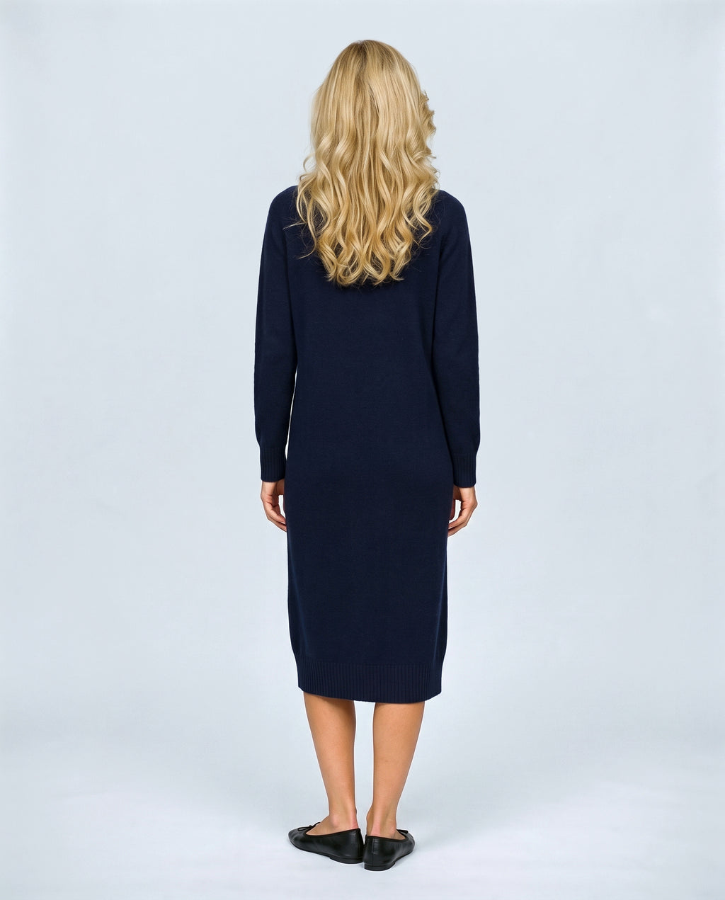 Alice Mock-Neck Knit Dress in Navy, back view on a non-pregnant model