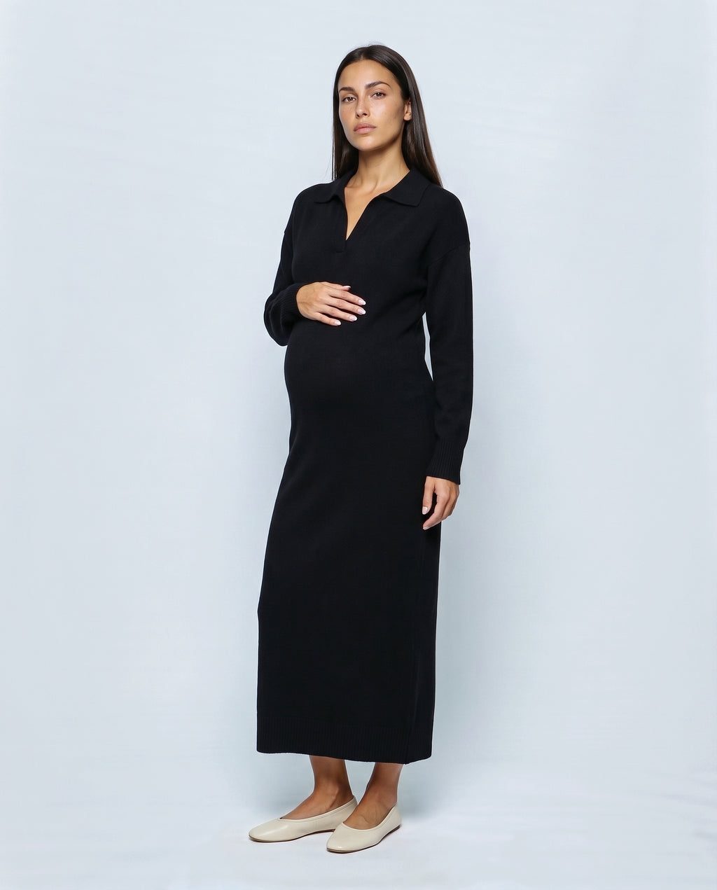 Elodie Polo-Collar Knit Dress in Black, front view