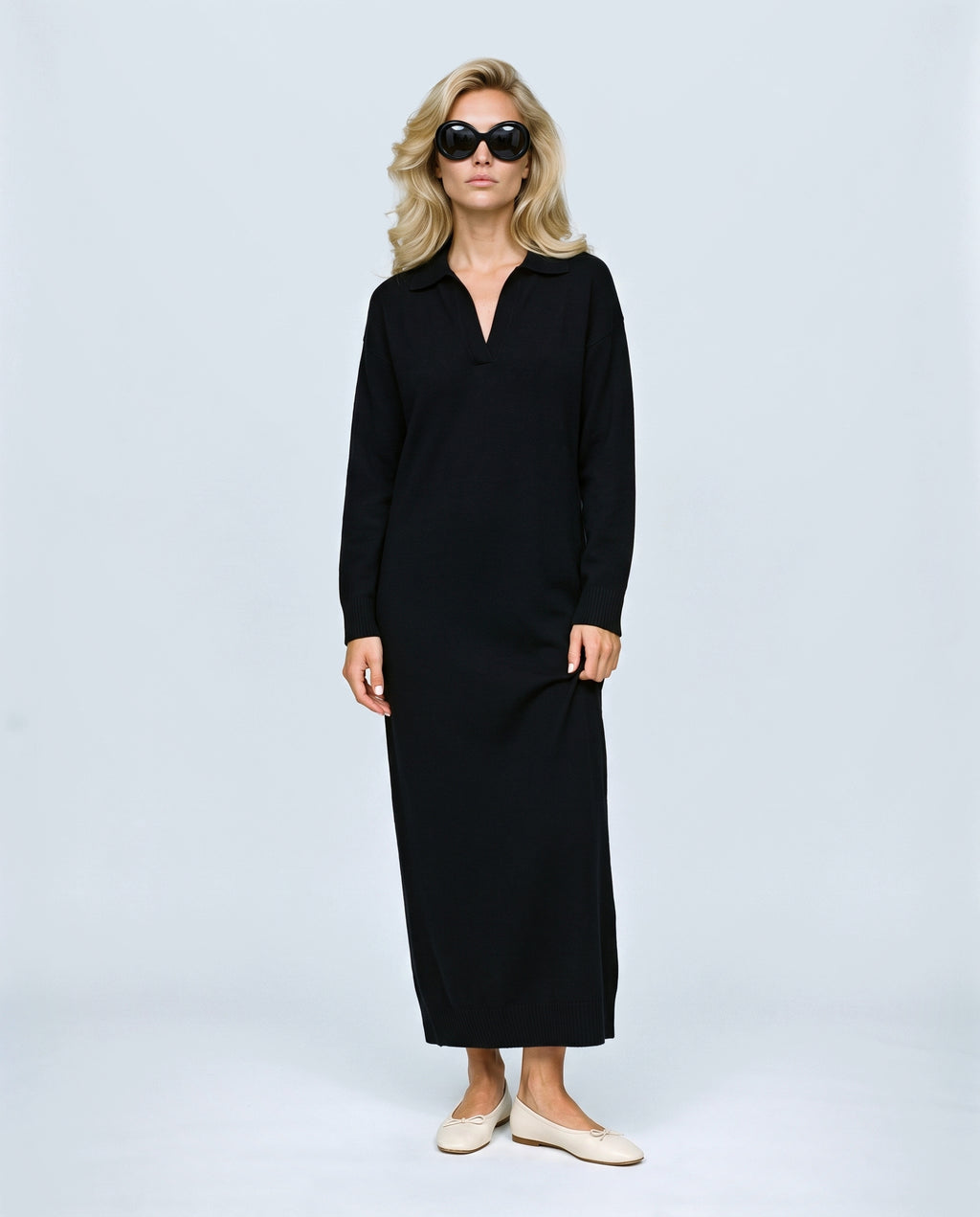 Elodie Polo-Collar Knit Dress in Black, front view on a non-pregnant model