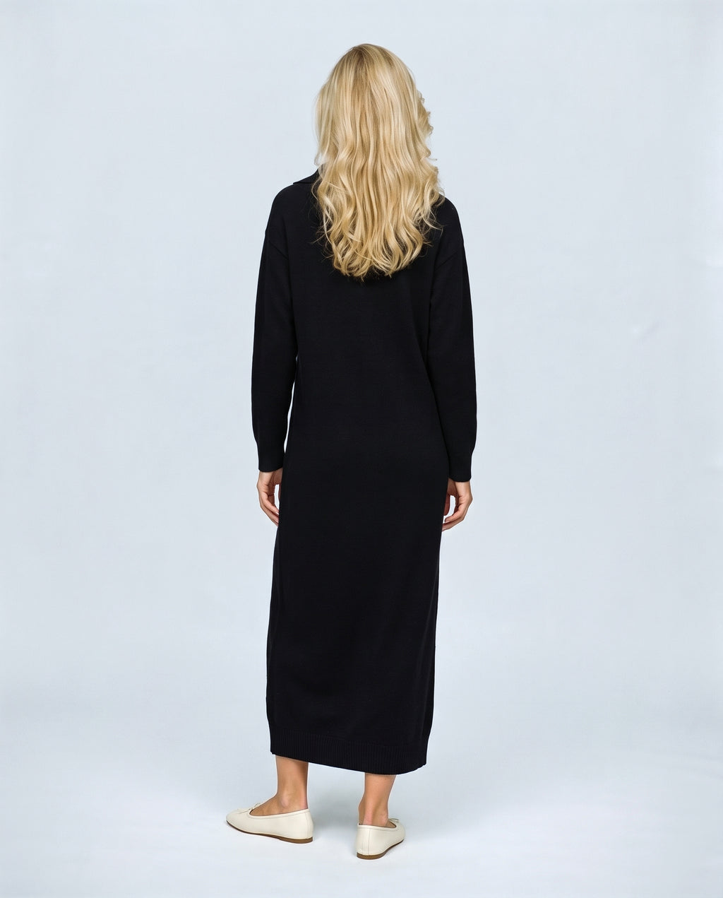 Elodie Polo-Collar Knit Dress in Black, back view on a non-pregnant model