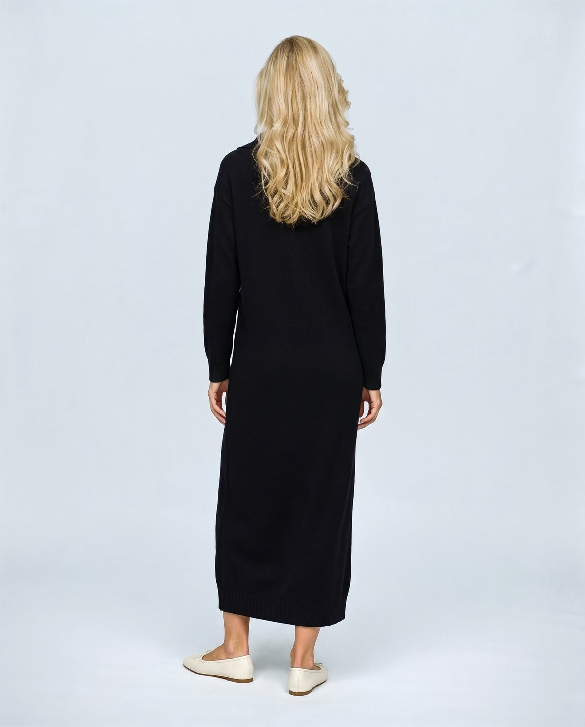 Elodie Polo-Collar Knit Dress in Black, back view on a non-pregnant model
