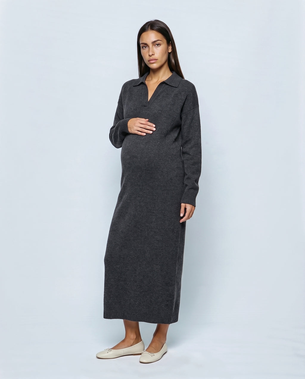 Elodie Polo-Collar Knit Dress in Charcoal, front view
