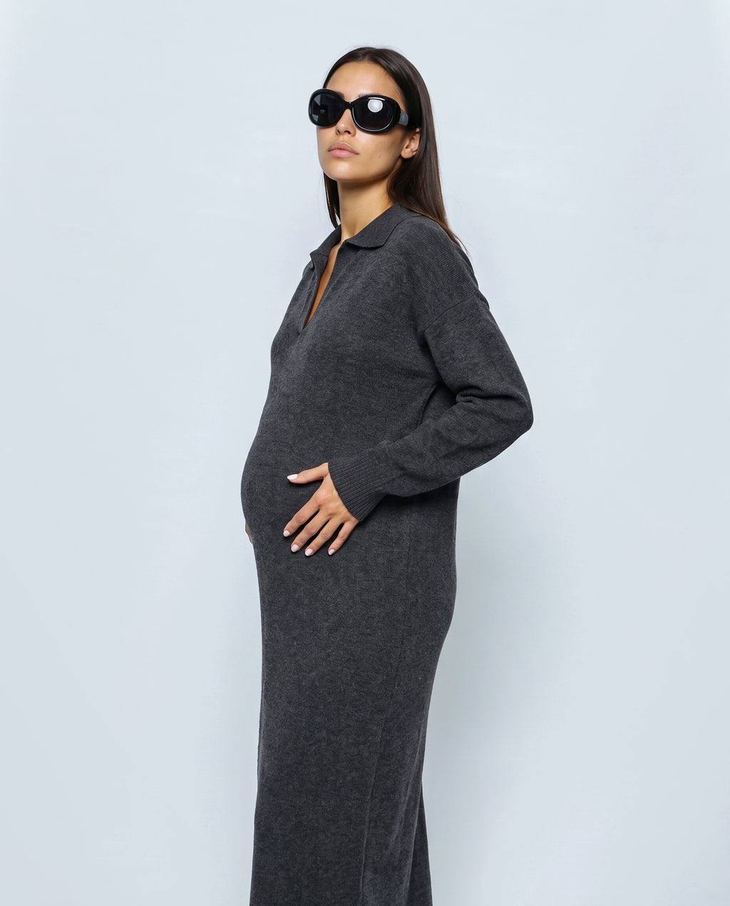 Elodie Polo-Collar Knit Dress in Charcoal, side view