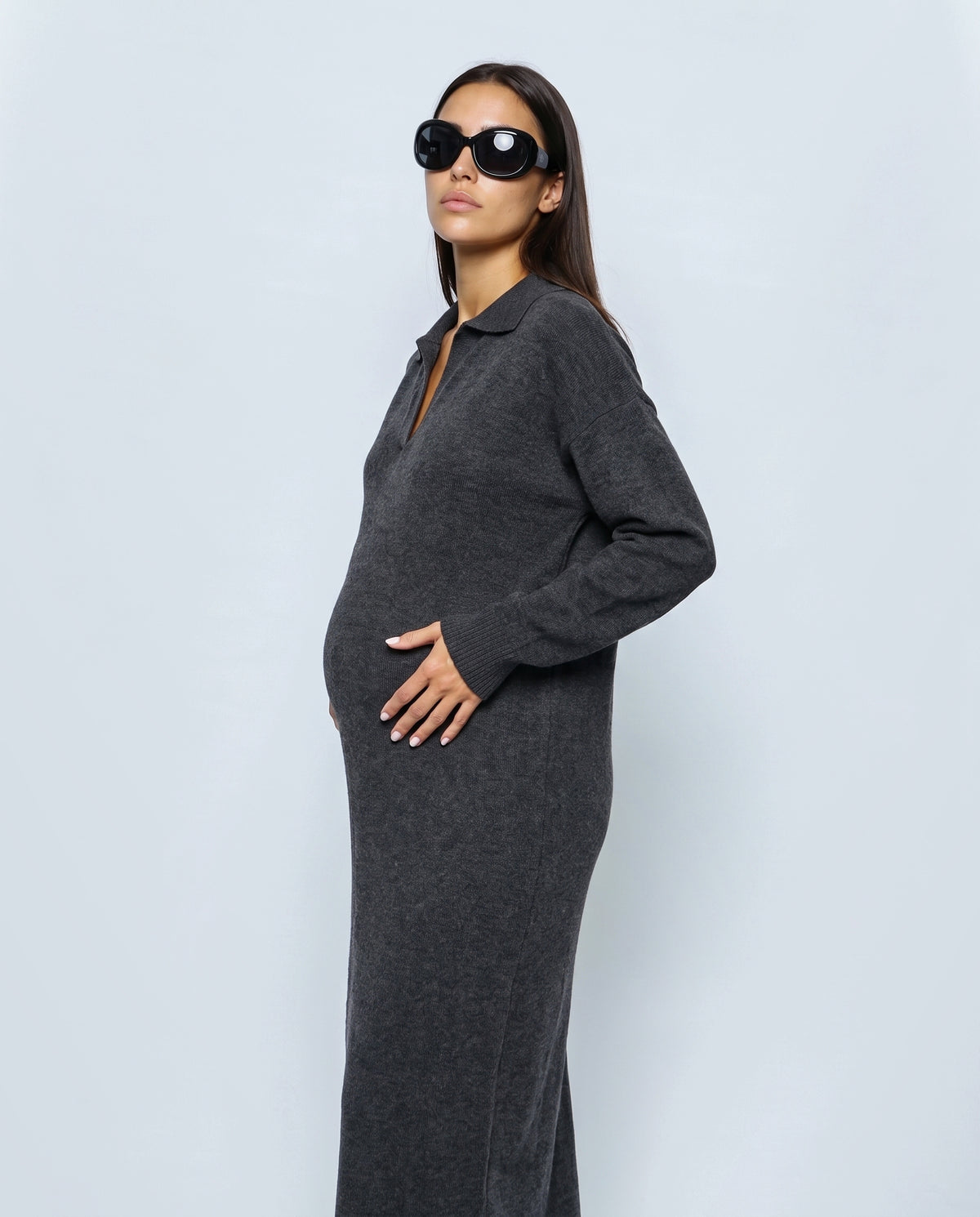 Elodie Polo-Collar Knit Dress in Charcoal, side view