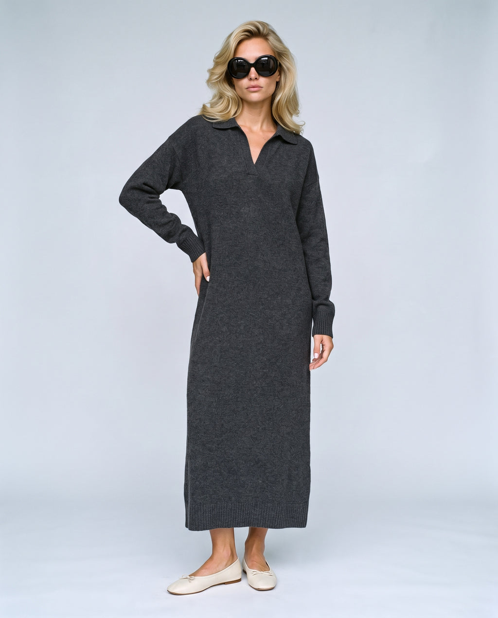 Elodie Polo-Collar Knit Dress in Charcoal, front view on a non-pregnant model