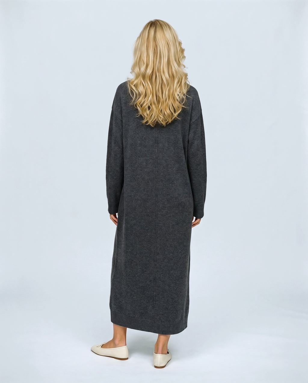 Elodie Polo-Collar Knit Dress in Charcoal, back view on a non-pregnant model