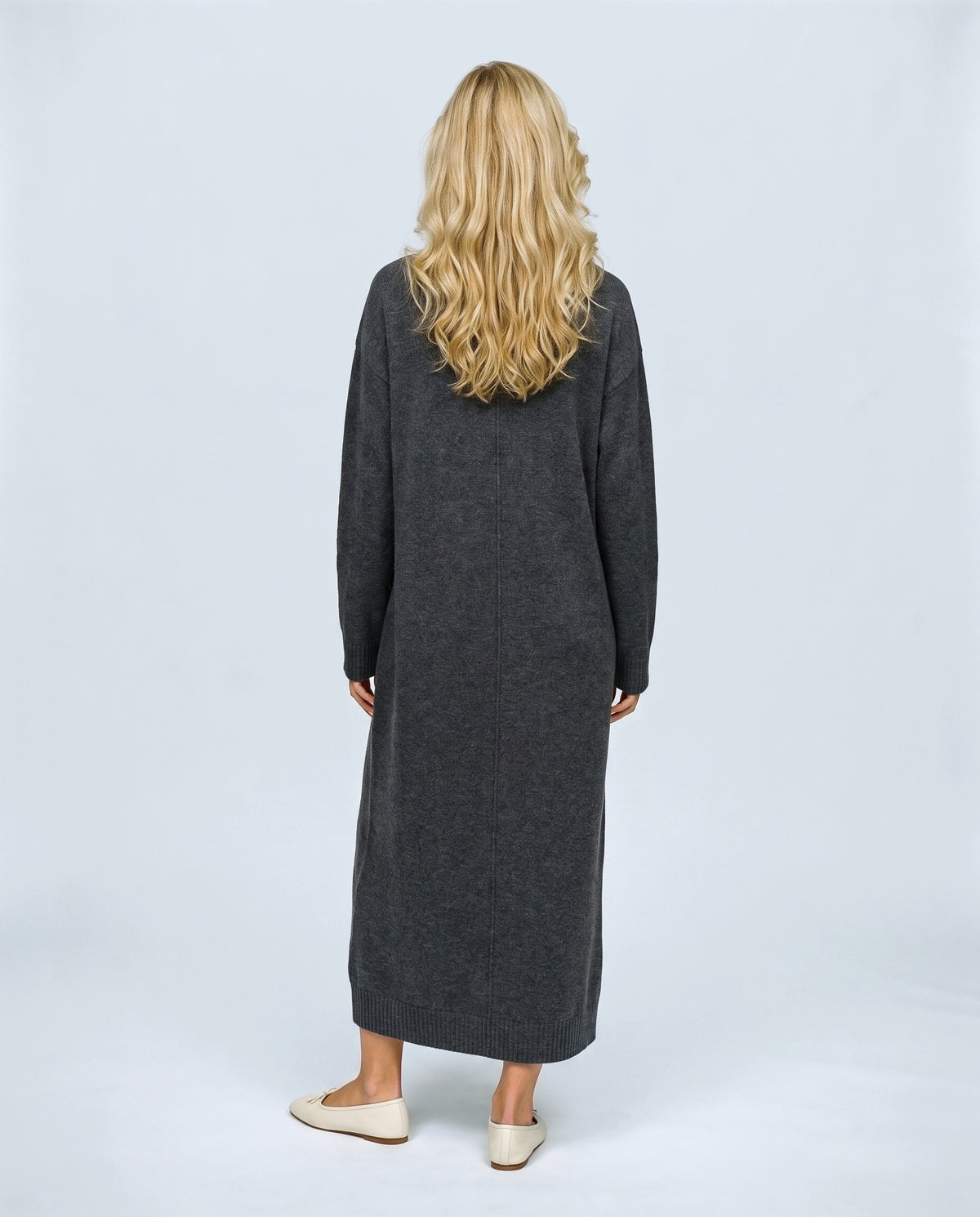 Elodie Polo-Collar Knit Dress in Charcoal, back view on a non-pregnant model