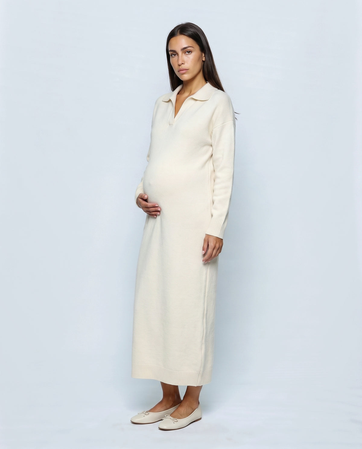 Elodie Polo-Collar Knit Dress in Off-white, front view