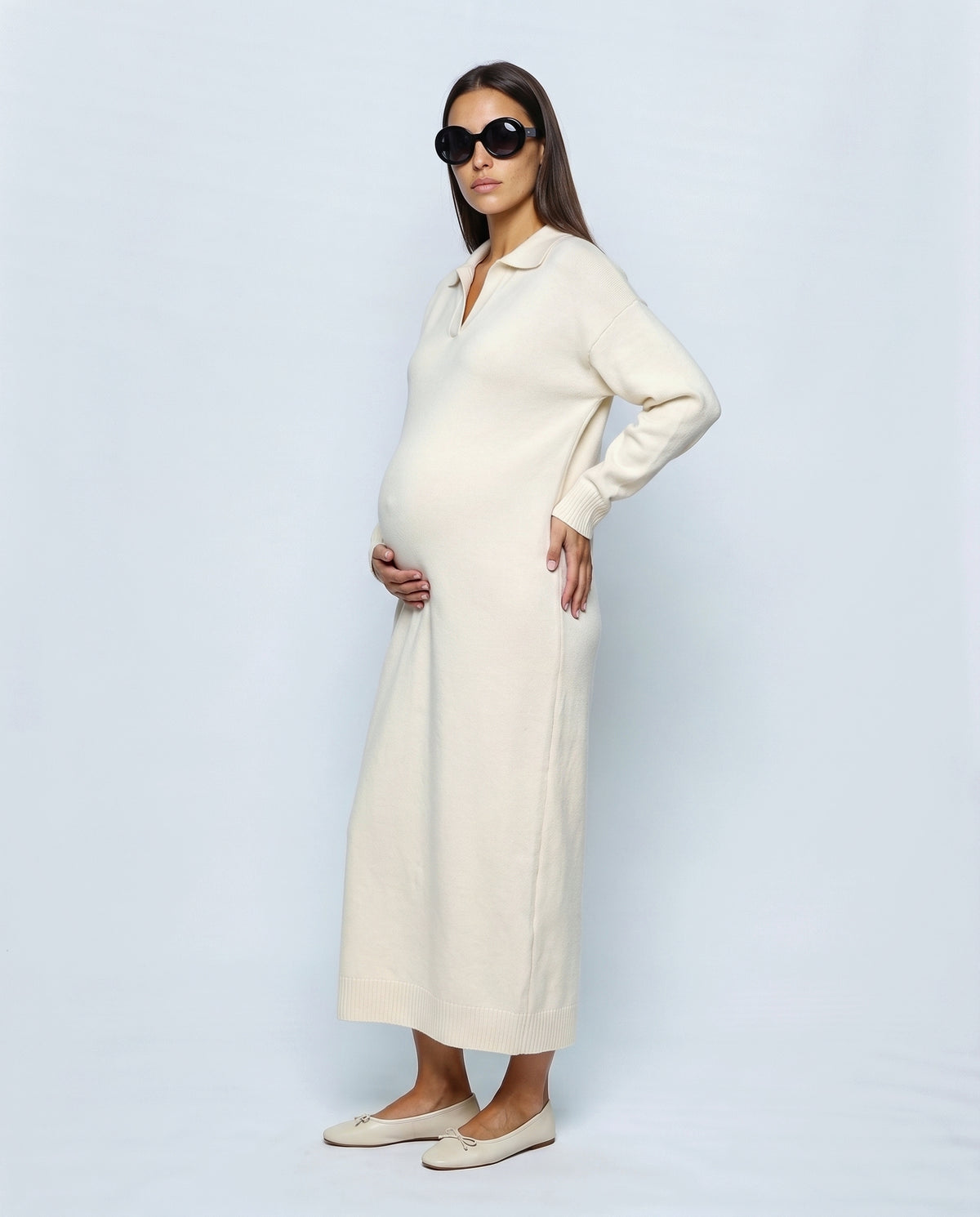 Elodie Polo-Collar Knit Dress in Off-white, side view